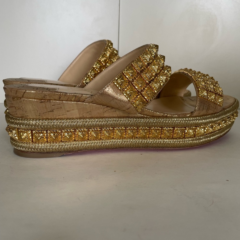 RARE Christian Louboutin Gold Spike Red Sole Platform Sandal Espadrille - Picture 8 of 16